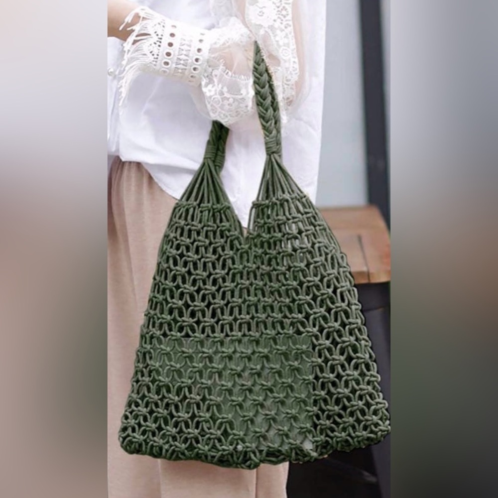 NEW Green Crochet Net Tote Bag Woven Shoulder Bag Boho